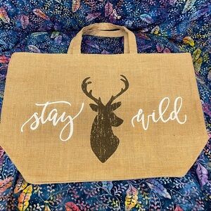 Olive & Hill “Stay Buck Wild” burlap jute bag Extra Large beach bag